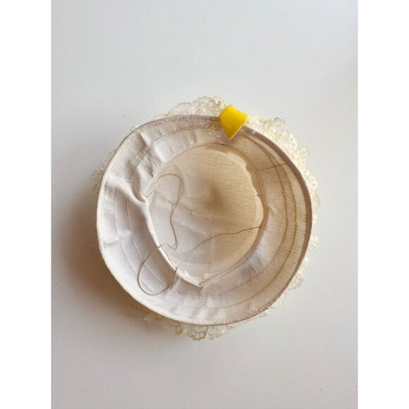 Vintage Ivory Straw Faux Floral Yellow Velvet Bow Lace Ruffle Trim Boater Hat - Picture 12 of 14